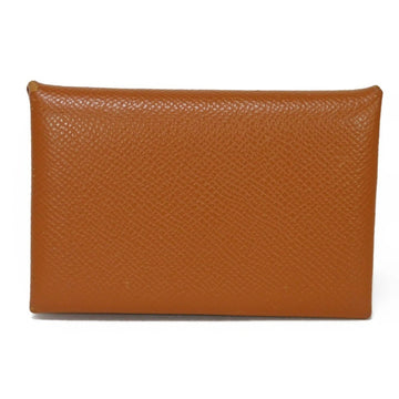 HERMES Card Case Calvi Brown Snap Button Bifold Pass Business Holder Veau Epsom Gold Q Engraved Men's Women's