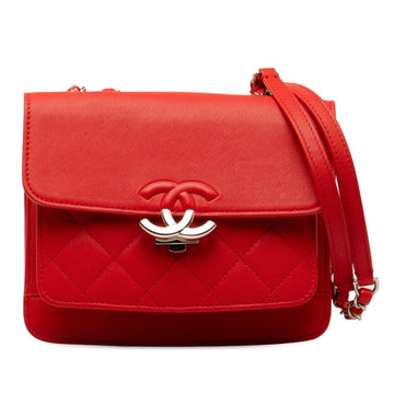 CHANEL Coco Mark Chain Shoulder Bag Red Silver Leather Women's