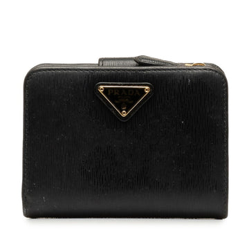 PRADA Triangle Bi-fold Wallet L-Shape Black Leather Women's