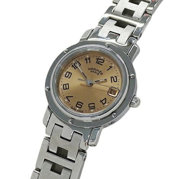 HERMES Watch Ladies Clipper Date Quartz Stainless Steel SS CL4.210 Silver Orange Polished