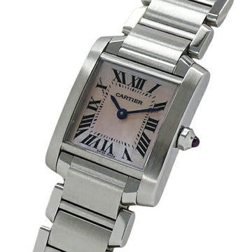 CARTIER Watch Ladies Brand Tank Française SM Pink Shell Quartz QZ Stainless Steel SS W51028Q3 Silver Polished