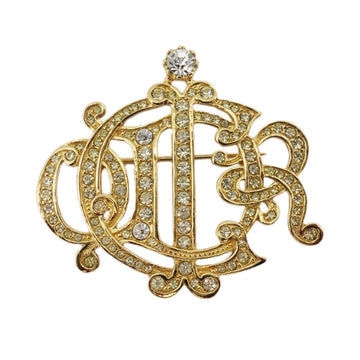 CHRISTIAN DIOR Brooch Emblem Rhinestone GP Plated Gold Ladies