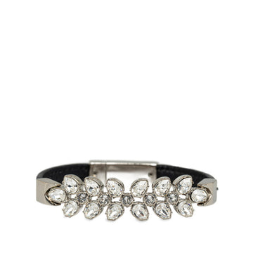 PRADA Flower Motif Bracelet Silver Black Leather Rhinestone Women's