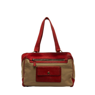PRADA handbag beige red canvas leather women's