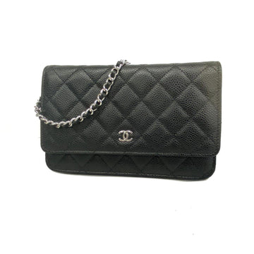 CHANEL Shoulder Wallet Matelasse Caviar Skin Black Women's