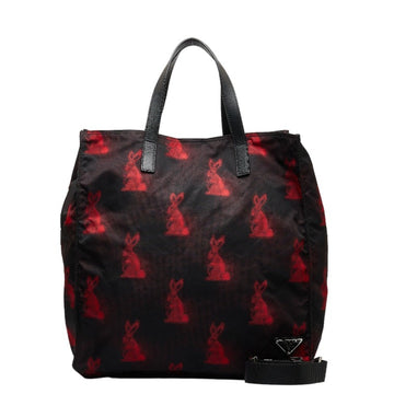 PRADA Rabbit Tote Bag Shoulder Black Red Nylon Women's