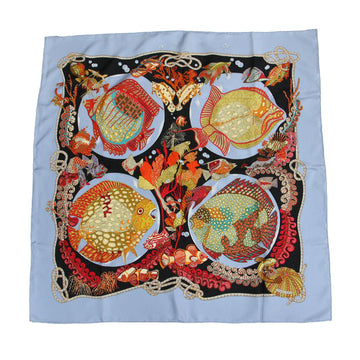 HERMES Carre 90 Silk Scarf Muffler Grands Fonds Deep Sea Light Blue Black Le Lotage Women's K4099