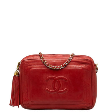 CHANEL Cocomark Tassel Chain Shoulder Bag Red Leather Women's