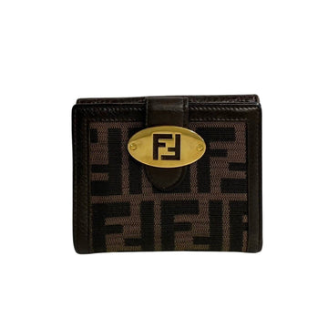 FENDI Zucca FF Hardware Leather Canvas Bifold Wallet Compact Brown 92230