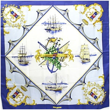 HERMES Silk Scarf Muffler Carre90 BORDEAUX PORTE OCEANE City Entrance Blue  Ladies