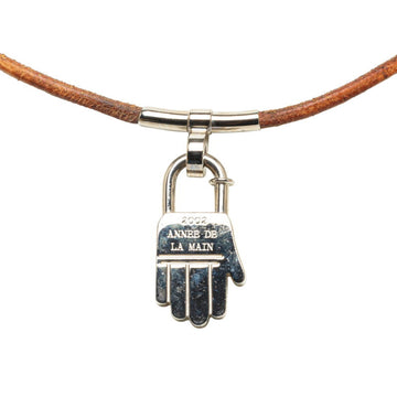 HERMES ANNEE DE LA MAIN hand motif choker necklace silver brown metal leather women's