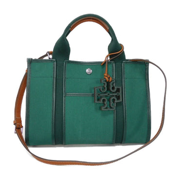 TORY BURCH Tote Bag Twill Small Canvas Shoulder Double T Cotton Green 142577 Women's