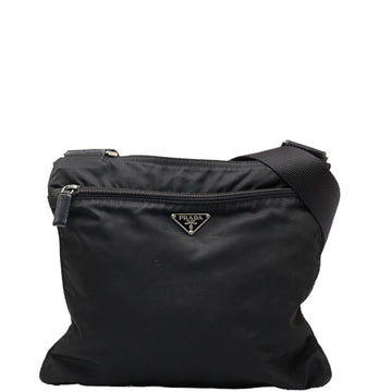 PRADA Triangle Plate Shoulder Bag Black Nylon Leather Women's