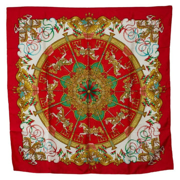 HERMES Carre 90 LUNA PARK Amusement Park Merry-go-round Carousel Scarf Muffler Red Multicolor Silk Women's