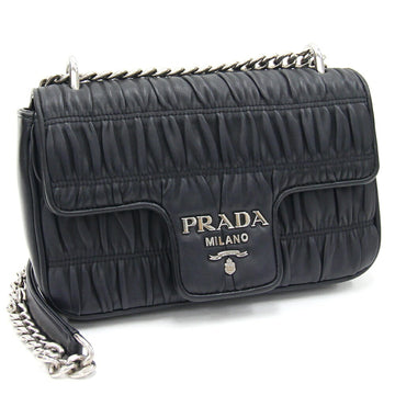 PRADA Shoulder Bag 1BD140 Black Leather Chain Ladies Gathered Ruched