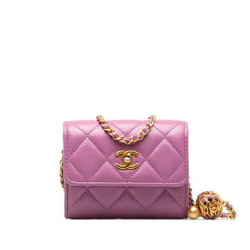 CHANEL Matelasse Coco Ball Chain Wallet Card Case Purple Leather Women's
