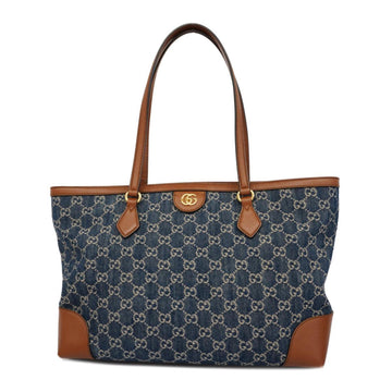 GUCCI Tote Bag GG Marmont 631685 Denim Leather Brown Blue Women's