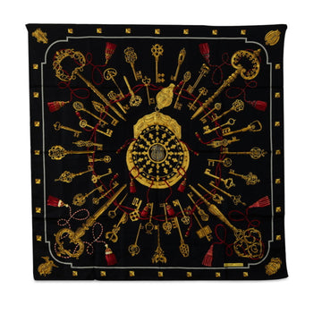 HERMES Carre 90 LES CLES Key Scarf Muffler Black Gold Multicolor Silk Women's