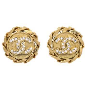 CHANEL Button Rhinestone Earrings Clip-On Gold 23 89108