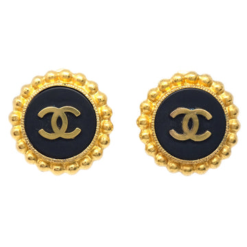 CHANEL Button Earrings Gold Black Clip-On 93A 99560