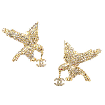 CHANEL Rhinestone Eagle Earrings Clip-On Gold 01P 160650