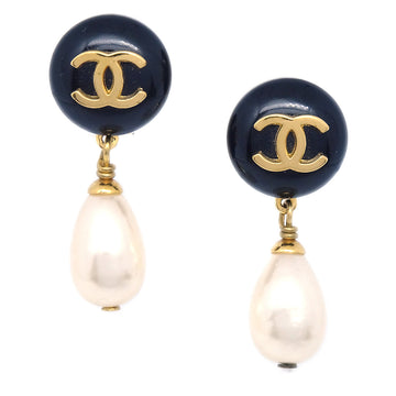 CHANEL 1997 Black CC Button & Faux Teardrop Pearl Dangle Earrings 160713