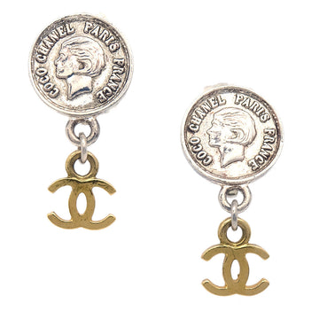 CHANEL Medallion Dangle Earrings Gold Silver Clip-On 97P 160698