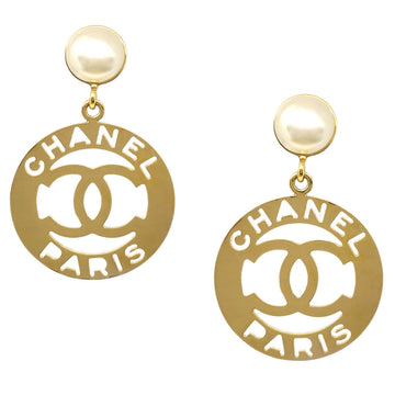 CHANEL Dangle Hoop Earrings Clip-On Gold Artificial Pearl 181465