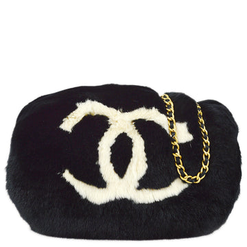 CHANEL 2001 Fall CC Logo Muff Black Fur Satchel 99927