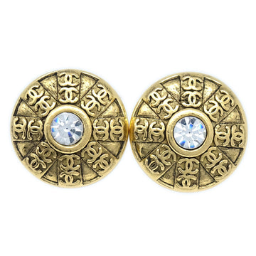 CHANEL Button Rhinestone Earrings Clip-On Gold 23 66401