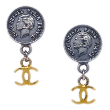 CHANEL Medallion Dangle Earrings Gold Silver Clip-On 96A 110455