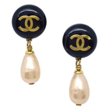 CHANEL Artificial Pearl Dangle Earrings Clip-On Black 94P 140088