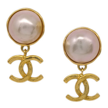 CHANEL Artificial Pearl Dangle Earrings Clip-On Gold White 93P 49818