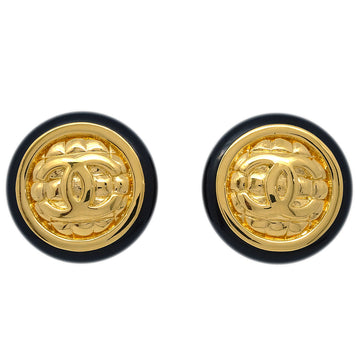 CHANEL Button Earrings Clip-On Black Gold 19874