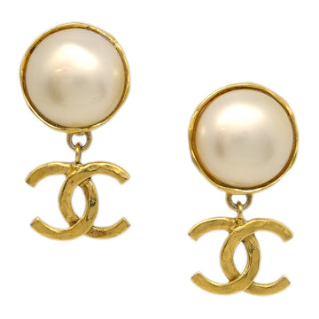 CHANEL Artificial Pearl Dangle Earrings Clip-On Gold White 94A 19882