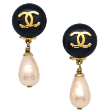 CHANEL Artificial Pearl Dangle Earrings Black 95A 120631