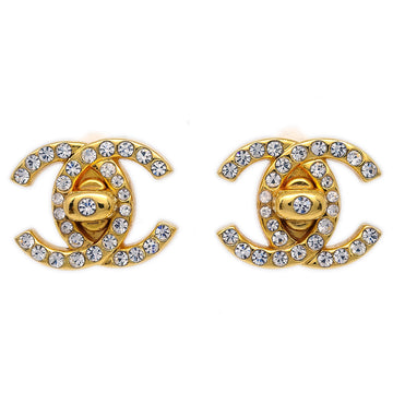 CHANEL Rhinestone Turnlock Earrings Gold Small 96A 120956