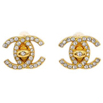 CHANEL Rhinestone Turnlock Earrings Gold Small 96A 130887