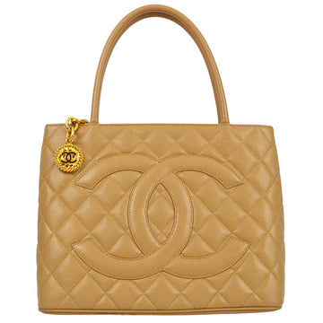 CHANEL 2001-2003 Beige Caviar Medallion Tote Handbag 131009