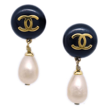 CHANEL Artificial Pearl Dangle Earrings Clip-On Black 95P 120505