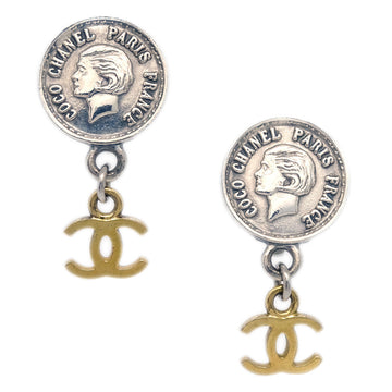 CHANEL Medallion Dangle Earrings Gold Silver Clip-On 96P 141011