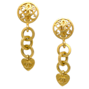CHANEL Heart Dangle Earrings Clip-On Gold 95P 141326