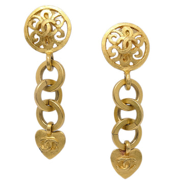 CHANEL Heart Dangle Earrings Clip-On Gold 95P 150485