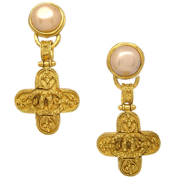 CHANEL Artificial Pearl Dangle Earrings Clip-On Gold 94A 141204