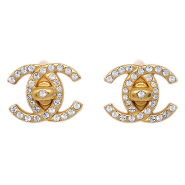 CHANEL CC Turnlock Rhinestone Earrings Clip-On Gold Small 96A 141337