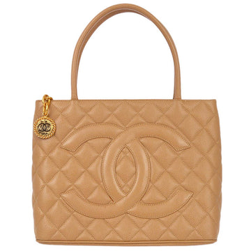 CHANEL 2001-2003 Beige Caviar Medallion Tote Handbag 151227