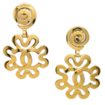 CHANEL Flower Dangle Earrings Clip-On Gold 95P 131974