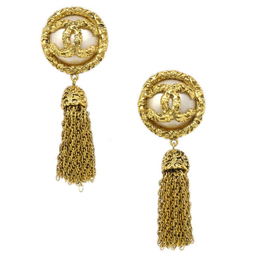 CHANEL Artificial Pearl Fringe Dangle Earrings Clip-On Gold White 93P 89893