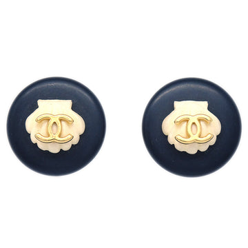 CHANEL Shell Button Earrings Clip-On Black 96C 112498
