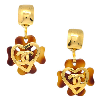 CHANEL Clover Dangle Earrings Gold Clip-On 95P 142107